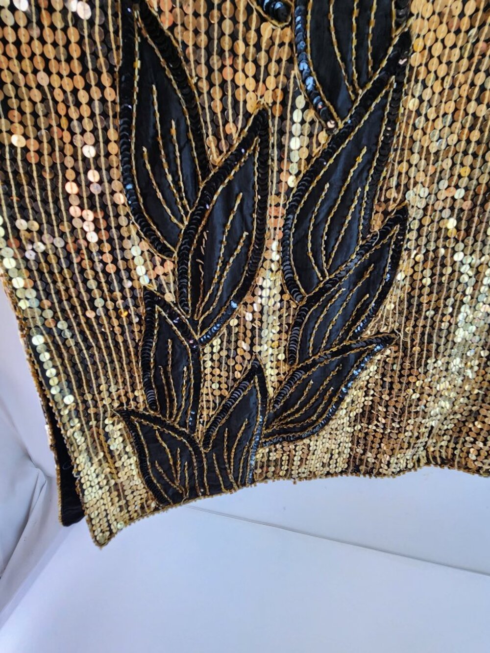 Vintage Black Silk / Gold Sequin Midi Dress 1980s Leaf Pattern - Picture 4 of 12